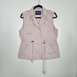 Papaya Vest Womens L Tan Full Zip Studs Pockets Drawstrings Cotton Boho Hippie